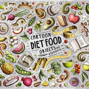 DIET FOOD Clipart, Cartoon Doodle Dietic Set, Healthy Eating Funny Clip Art, Stickers de nutrition diététique, Doodle Vector Pack, Téléchargement instantané