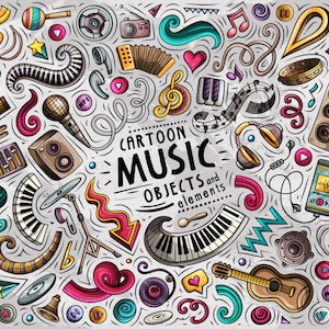 MUSIC PNG Clip Art/ Musical Doodle Stickers/ Doodles Music Clipart/ Musical instruments Vector Objects Set/ Digital Download/ PNG, Ai, Eps