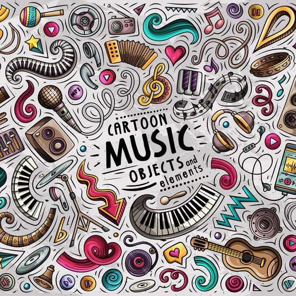 MUSIC PNG Clip Art/ Musical Doodle Stickers/ Doodles Music Clipart/ Musical instruments Vector Objects Set/ Digital Download/ PNG, Ai, Eps