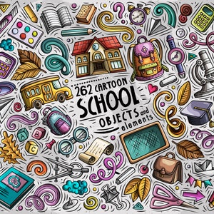 School Vector ClipArt, Back to School Cartoon PNG Set, School Doodles Clip Art, Education Clip Art, Kids Vector Objects, Digital Download