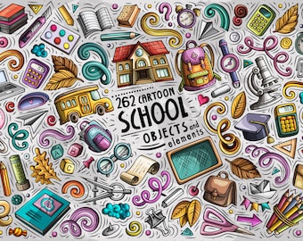 School Vector ClipArt, Back to School Cartoon PNG Set, School Doodles Clip Art, Education Clip Art, Kids Vector Objects, Digital Download