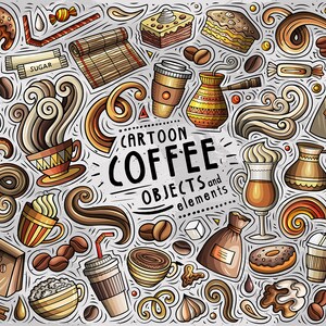 May include: A colorful cartoon illustration of coffee and coffee-related objects. The illustration includes coffee beans, cups of coffee, coffee makers, and other items. The text "Cartoon Coffee Objects and elements" is included in the illustration.