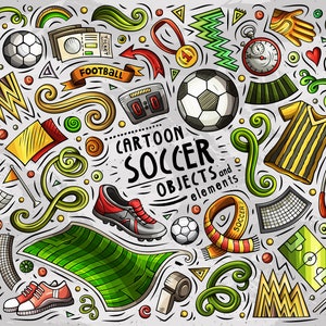 Clipart de futebol, conjunto de futebol Doodle de desenho animado, clipart engraçado de equipamentos esportivos, adesivos de gol, pacote de vetores de time de futebol, download instantâneo