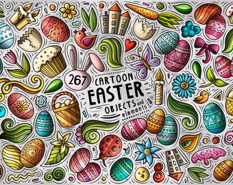 Happy Easter PNG Clipart/ Doodle Vector Icons/ Easter Eggs Vector Doodle Clip Art/ Easter Cartoon Objects Set/ Instant Digital Download/ PNG