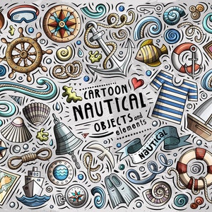 Nautische Vector ClipArt, Marine Cartoon PNG Set, Nautische Doodles Clip Art, Sailor Clip Art, Nautische Vector Objects Set, Digitale Download