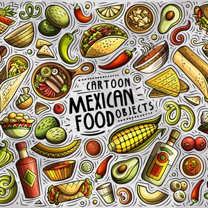 MEXICAN FOOD Clipart, Cartoon Doodle Mexico Cuisine Set, Latin American Funny Clip Art, Ethnic Doodles Vector Pack, Instant Download