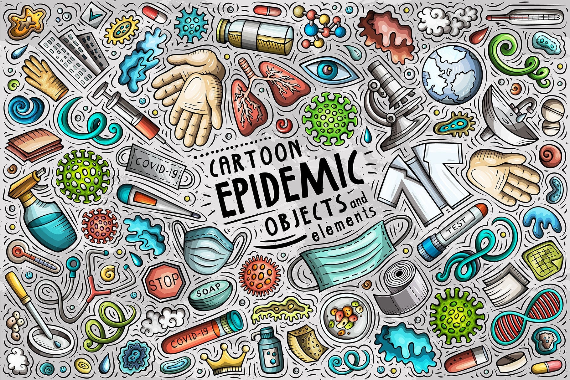 Epidemic Vector Clipart, Pandemic Cartoon PNG Set, Quarantine Doodles