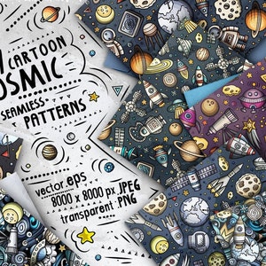Space Digital Paper Pack, Cosmic Seamless Patterns, Scrapbook Paper Set, Children Seamless Pattern, Outer Space, Galaxy Vector Printable