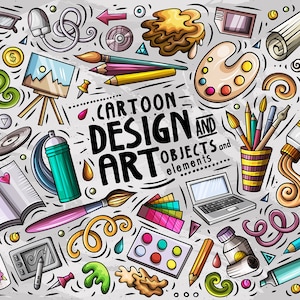 ART, DESIGN Clipart, Cartoon Doodle Designer Tools Set, Art Supplies Funny Clip Art, Hobby Stickers, Crafts PNG, Artist Vector Pack, Digital