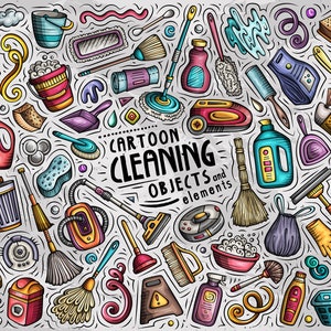 SCHOONMAKEN Clipart, Home Work Cartoon Doodle Set, Huishoudster Grappige Clip Art, Wassen Objecten Pack, Schone Benodigdheden Stickers, Instant Download