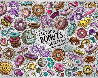 Donuts Vector ClipArt, Doughnut Cartoon PNG Set, Sweets Doodles Clip Art, Bakery Clip Art, Cartoon Vector Objects, Digital Download, PNG