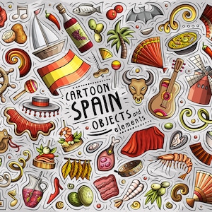 SPANJE Clipart, Cartoon Doodle Spaanse Cultuur Set, Grappige Clip Art, Europese Land Stickers, Reizen Doodles Vector Pack, Instant Download