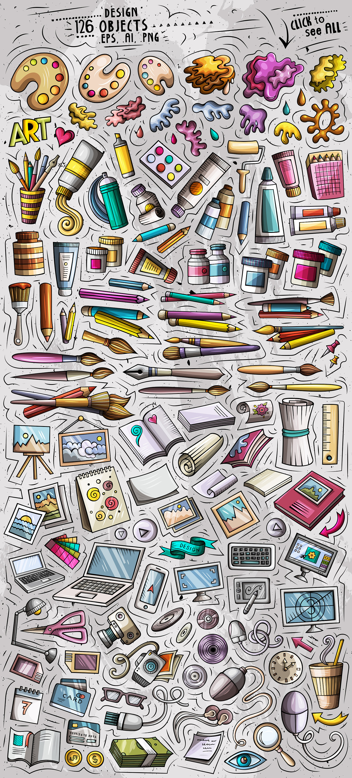 ART, DESIGN Clipart, Cartoon Doodle Designer Tools Set, Art Supplies ...