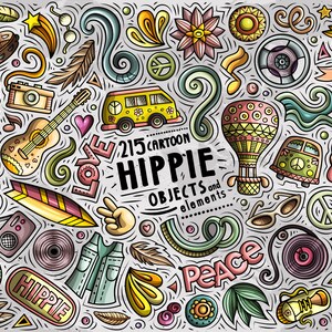 Hippie Vector ClipArt, Hippie Doodles Clip Art, Peace, Love Cartoon PNG Set, Hippy ClipArt, 1970s Vector Objects, Digital Download, PNG, EPS