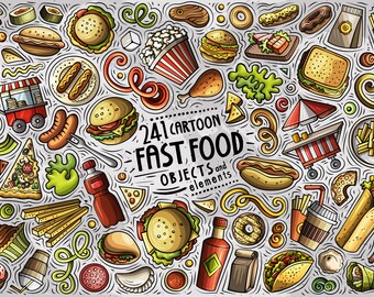 Fastfood Vector ClipArt, Fast Food Cartoon PNG Set, Food Doodles Clip Art, Fast food Clip Art, Cartoon Vector Objects, Digital Download, PNG