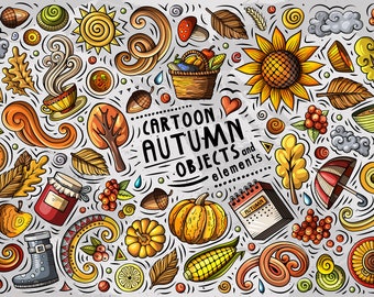 Autumn Vector ClipArt, Season Cartoon PNG Set, Autumn Doodles Clip Art, Fall Clip Art, Autumn Vector Objects Set, Digital Download, PNG