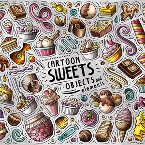 May include: A colorful cartoon illustration of various sweets and desserts, including ice cream, candy, cake, chocolate, and cookies. The illustration is filled with bright colors and whimsical details, making it a fun and festive image.