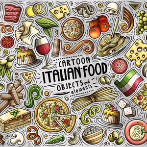 ITALIAANS ETEN Clipart, Cartoon Doodle Italië Cuisine Set, Italiaans Restaurant Grappige Clip Art, Nationale Maaltijd Vector Pack, Instant Download