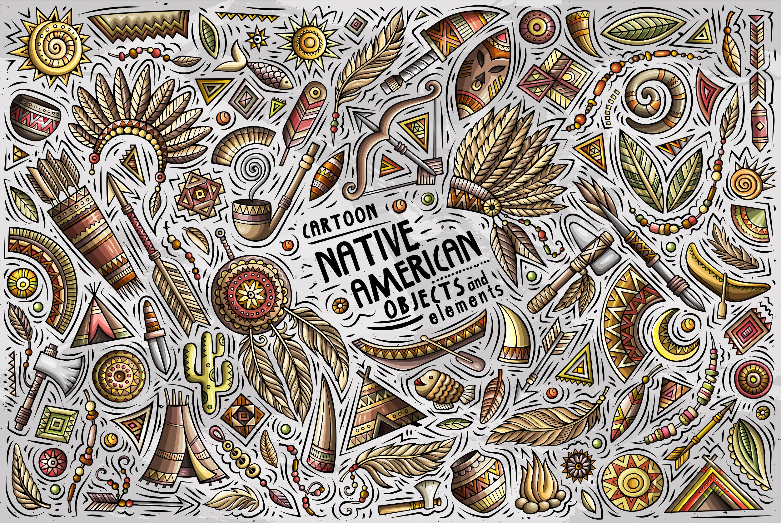 Native American Clipart, Cartoon Doodle Indians Symbols Set, Funny Clip Art, Boho Stickers, Ethnic PNG, Tribal Vector Pack, Instant Download