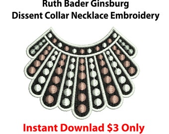 Sofortiger Download, Ruth Bader Ginsburg, Dissent-Kragen-Halsketten-Stickerei, RBG-Kragen-Stickerei, Maschinenstickmotive, sofort einsatzbereit
