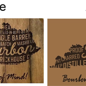 May include: A wooden sign with the text "Before" and "After" at the top. The "Before" side shows a Kentucky-shaped design with the word "Bourbon" and other text. The "After" side shows the same design in a solid brown color.