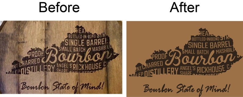 May include: A wooden sign with the text "Before" and "After" at the top. The "Before" side shows a Kentucky-shaped design with the word "Bourbon" and other text. The "After" side shows the same design in a solid brown color.