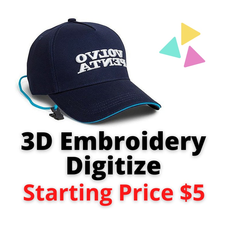 May include: Navy blue baseball cap with white embroidered text reading "VOLVO PENTA". The cap has a light blue trim on the brim and a blue cord with a black clip. The text "3D Embroidery Digitize" is below the cap.