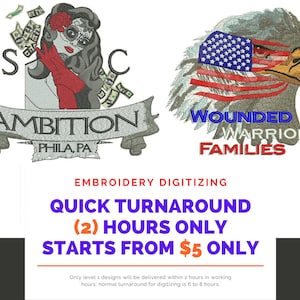 May include: An image promoting embroidery digitizing services. It features two embroidered designs: a woman with a sugar skull face and the text "AMBITION," and an eagle with an American flag and the text "WOUNDED WARRIOR FAMILIES."