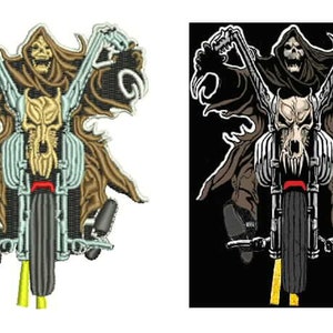May include: Embroidered patch featuring a grim reaper riding a motorcycle. The design includes a skull-shaped headlight, a brown cloak, and a detailed motorcycle. The color palette consists of brown, black, and beige.