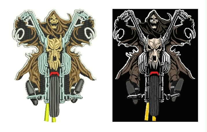 May include: Embroidered patch featuring a grim reaper riding a motorcycle. The design includes a skull-shaped headlight, a brown cloak, and a detailed motorcycle. The color palette consists of brown, black, and beige.