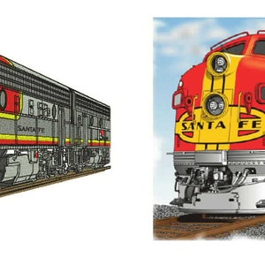May include: A red and yellow Santa Fe Super Chief train locomotive with the number 339 on the front. The train is on a track, and the words "SANTA FE" are visible on the side. The text "THE LEGENDARY Super Chief" is at the bottom.