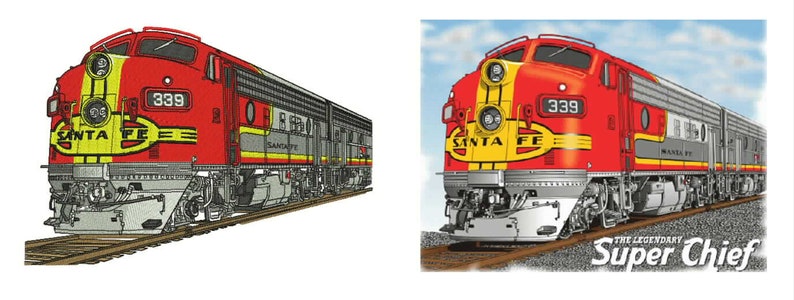 May include: A red and yellow Santa Fe Super Chief train locomotive with the number 339 on the front. The train is on a track, and the words "SANTA FE" are visible on the side. The text "THE LEGENDARY Super Chief" is at the bottom.