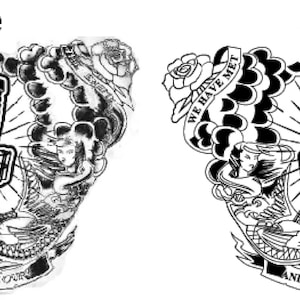 May include: Black and white illustration featuring a disc golf basket at the center, surrounded by decorative elements. The design includes banners with the text "WE HAVE MET THE ENEMY AND THEY ARE OURS". The image is a before and after comparison.