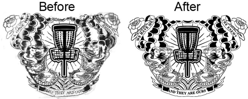 May include: Black and white illustration featuring a disc golf basket at the center, surrounded by decorative elements. The design includes banners with the text "WE HAVE MET THE ENEMY AND THEY ARE OURS". The image is a before and after comparison.