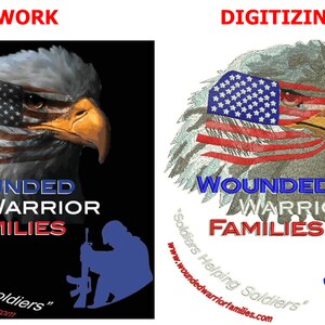 May include: Image featuring an eagle with an American flag design, the text "Wounded Warrior Families," and a silhouette of a soldier. The words "Artwork" and "Digitizing" are at the top. The website address is also included.
