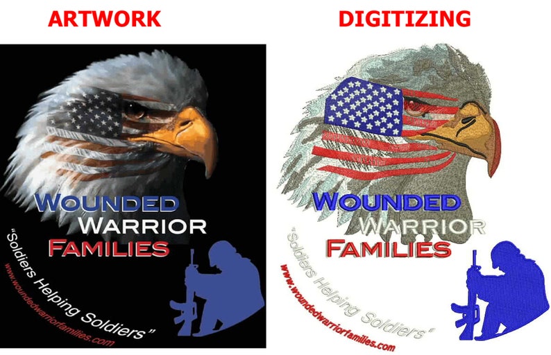 May include: Image featuring an eagle with an American flag design, the text "Wounded Warrior Families," and a silhouette of a soldier. The words "Artwork" and "Digitizing" are at the top. The website address is also included.