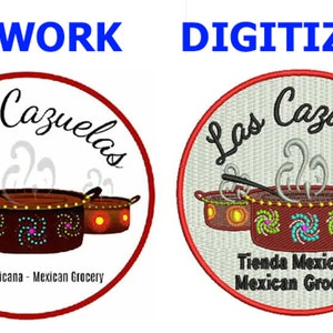 May include: A circular logo design featuring the text "Las Cazuelas" in cursive above three brown cooking pots. The words "Tienda Mexicana - Mexican Grocery" are at the bottom. The logo is surrounded by a red border.