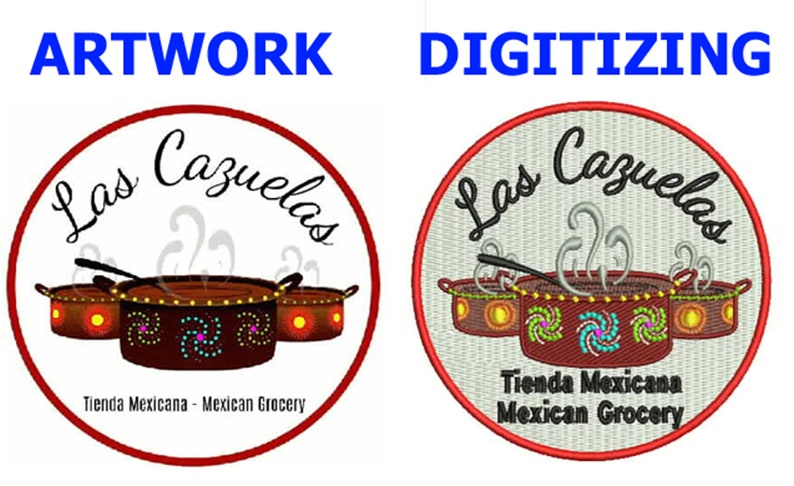 May include: A circular logo design featuring the text "Las Cazuelas" in cursive above three brown cooking pots. The words "Tienda Mexicana - Mexican Grocery" are at the bottom. The logo is surrounded by a red border.