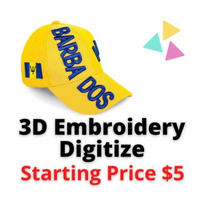 May include: A yellow baseball cap with the word "BARBADOS" embroidered in blue. The cap also features the Barbados flag on the side. The text "3D Embroidery Digitized" is below the cap.
