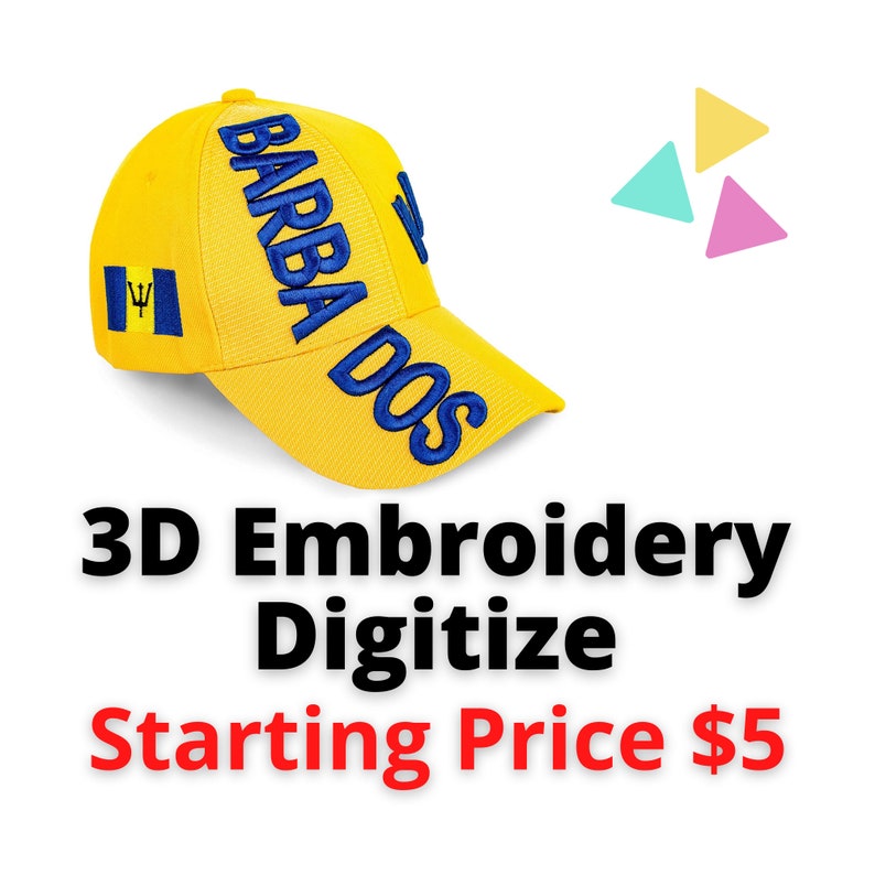 May include: A yellow baseball cap with the word "BARBADOS" embroidered in blue. The cap also features the Barbados flag on the side. The text "3D Embroidery Digitized" is below the cap.
