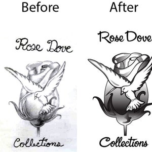 May include: A black and white illustration of a dove in flight over a rose, with the text "Rose Dove" above and "Collections" below. The image shows a before and after comparison of the design.