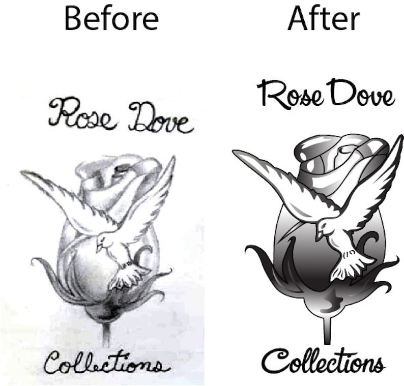 May include: A black and white illustration of a dove in flight over a rose, with the text "Rose Dove" above and "Collections" below. The image shows a before and after comparison of the design.