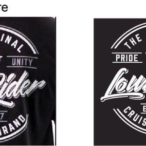 May include: Black t-shirt featuring a white graphic with the words "THE ORIGINAL LOW RIDER" and "EST. 1977 CRUISING BRAND". The design includes a stylized face wearing a hat and sunglasses, with the words "PRIDE" and "UNITY".