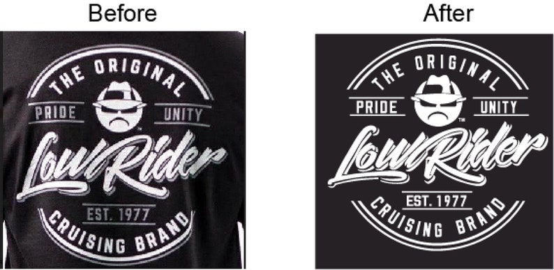 May include: Black t-shirt featuring a white graphic with the words "THE ORIGINAL LOW RIDER" and "EST. 1977 CRUISING BRAND". The design includes a stylized face wearing a hat and sunglasses, with the words "PRIDE" and "UNITY".