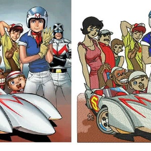 May include: A colorful illustration of the Speed Racer cartoon characters. The image features Speed Racer in his Mach 5 race car, surrounded by other characters. The characters are smiling and waving. The car is white with a red 'S' on the side.