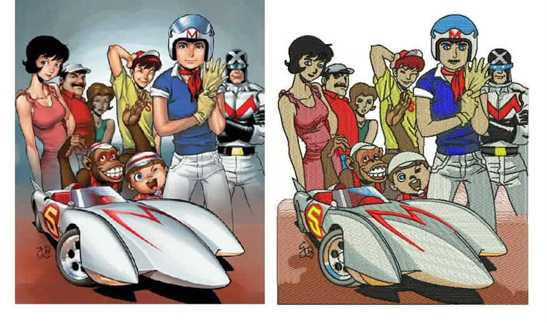 May include: A colorful illustration of the Speed Racer cartoon characters. The image features Speed Racer in his Mach 5 race car, surrounded by other characters. The characters are smiling and waving. The car is white with a red 'S' on the side.