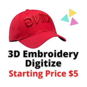 May include: A red baseball cap with the word "KING" embroidered on the front. The text "3D Embroidery Digitize" is below the cap in black font.
