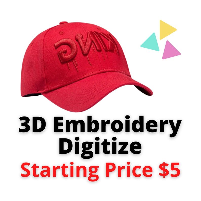 May include: A red baseball cap with the word "KING" embroidered on the front. The text "3D Embroidery Digitize" is below the cap in black font.