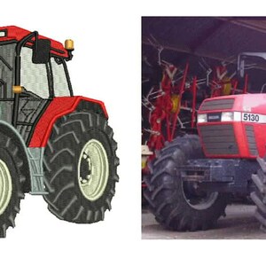 May include: A red tractor with the number "5130" on the side. The tractor has large, black tires and a silver exhaust pipe. The cab has large windows and a black frame. The tractor is designed for agricultural use.