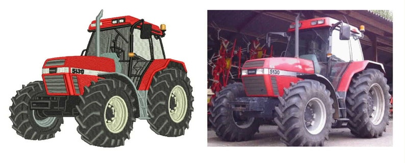 May include: A red tractor with the number "5130" on the side. The tractor has large, black tires and a silver exhaust pipe. The cab has large windows and a black frame. The tractor is designed for agricultural use.